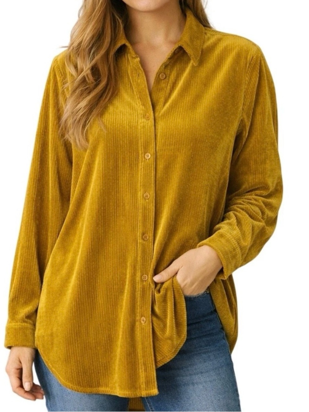 Philosophy Ribbed Velvet long Shirt in Mustard Size M NWT